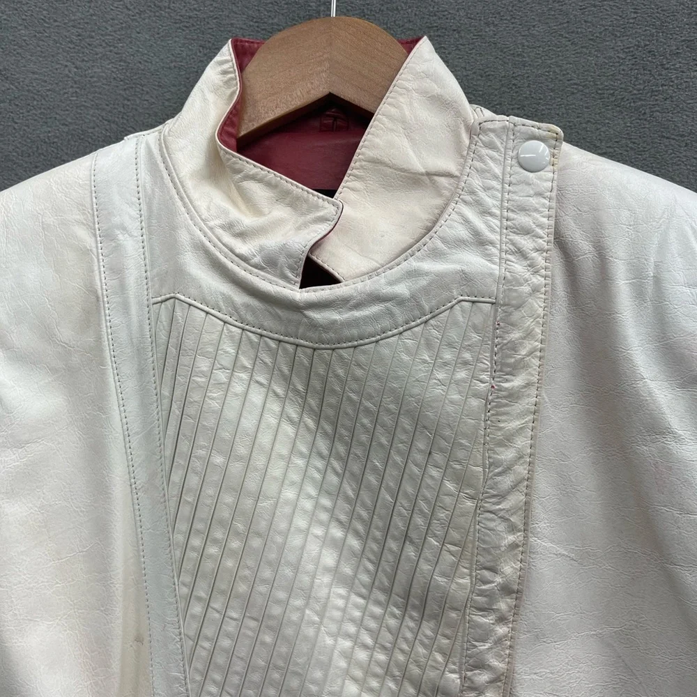 Vintage MARCO MORANI Size 5/6 Made In Argentina White & Red Leather Jacket 90s - Picture 3 of 6